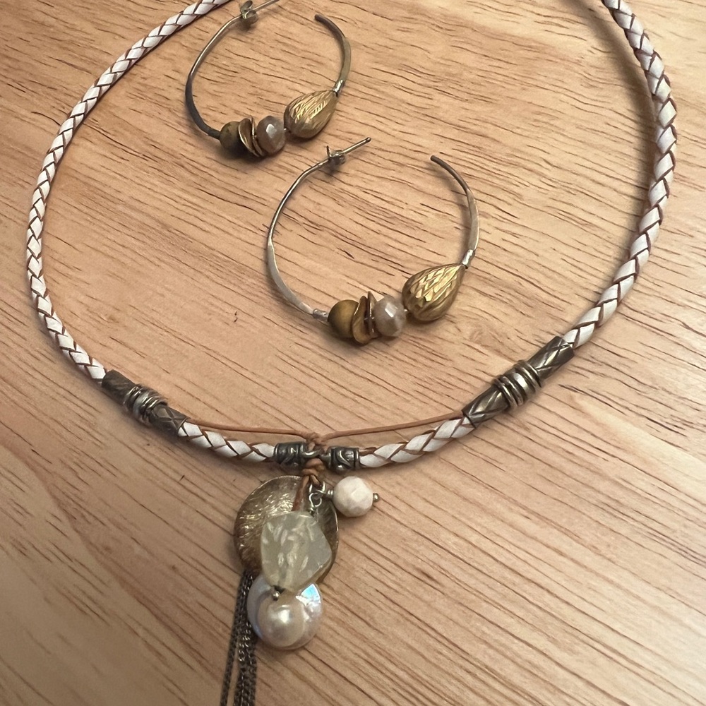 CHAN LUU Set of braided bolo leather charm necklace and hoop earrings